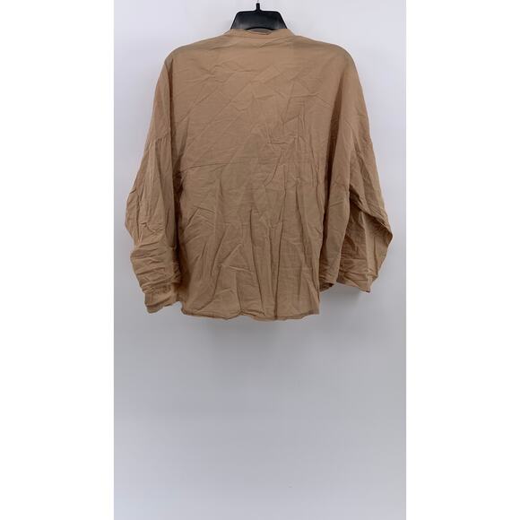 UNBRANDED Women's Tan Button-Up Long Sleeve Collarless Top SZ L - Picture 2 of 7